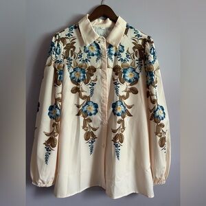 SHEIN Cream Floral Long Sleeve Button Down Blouse Size Large